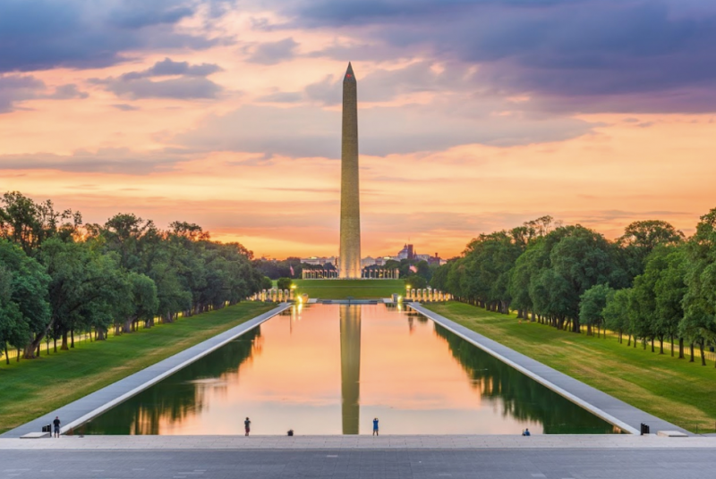 Washington, DC at Sunset of the Washington Monument in the National Mall Reflecting Pool